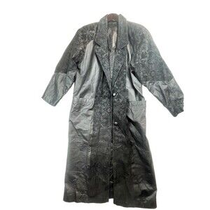 Preston and York Black Leather Embossed Paisley Accented Trench Coat W Sz Med